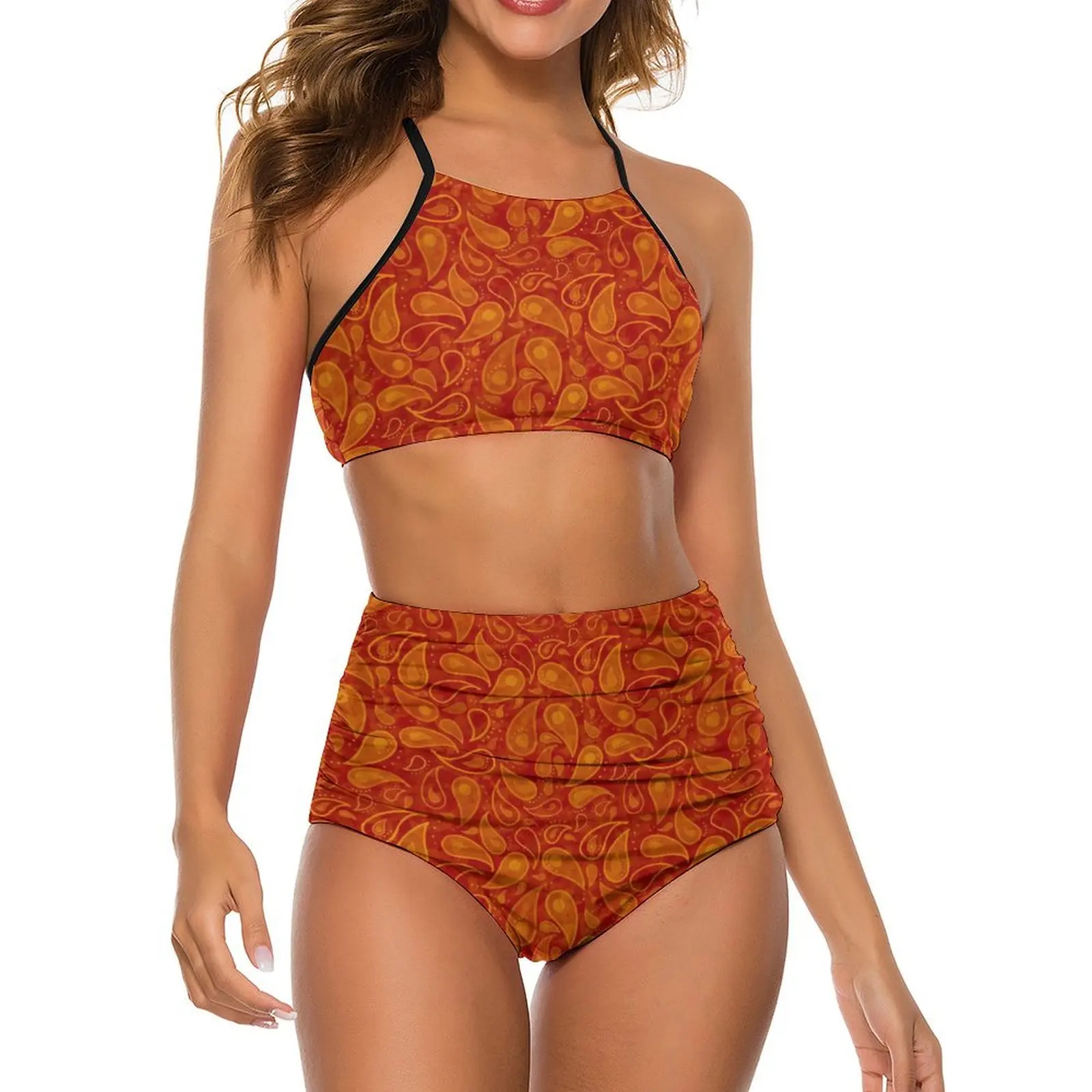 

Red Paisley Bikini Swimsuit Retro Print High Waist Swimwear Women Sexy Trend Bikinis Set Push Up Custom Bathing Suit