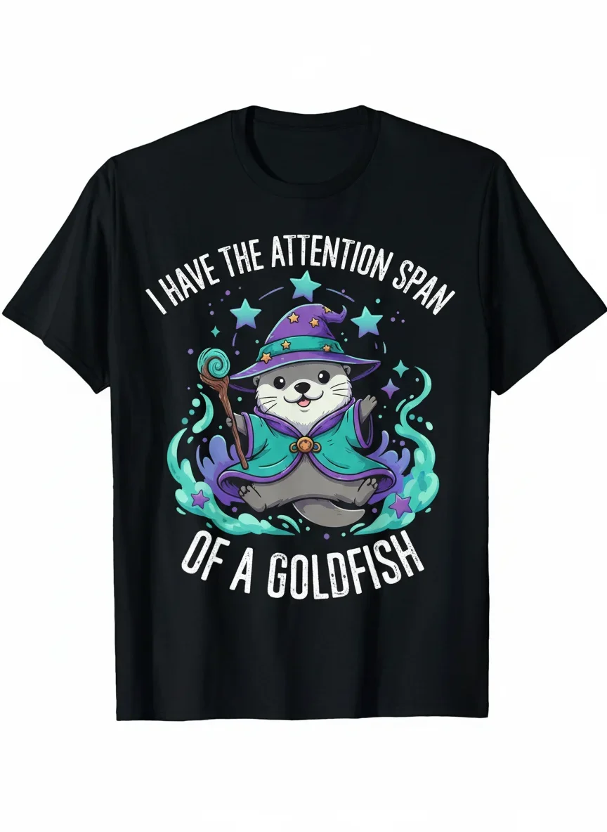 

Otter Wizard Attention Span of a Goldfish Funny Graphic Tee Men's Casual Short Sleeve Cotton T-Shirt