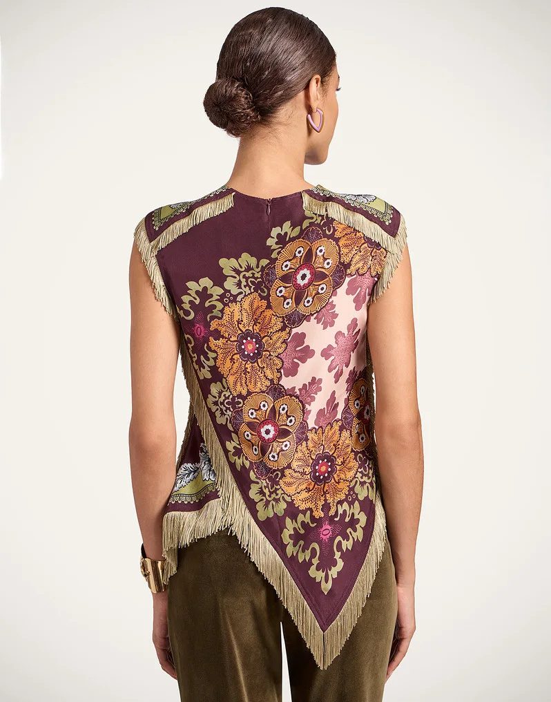 Vintage Ethnische Bluse mit Blumenmuster, Ärmellos, Sexy V-Ausschnitt mit Fransen, Bohemian Asymmetrisches Halstuch-Oberteil – Detail 2
