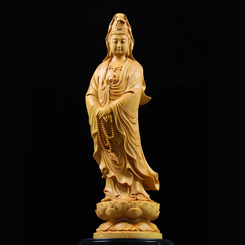 Natural Cypress Guanyin  Buddha Decorative Characters Statue ,Solid Wood Art Carving Home Room Office Feng Shui Statue