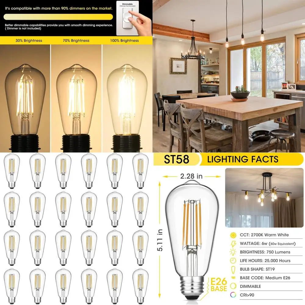 

Светодиодная лампа Эдисона в винтажном стиле, 60 Вт, с регулируемой яркостью, 750 люмен, 6 Вт, теплый белый свет 2700K, антикварная модель ST58, цоколь E26, CRI 90+, прозрачное стекло, упаковка 24 шт.