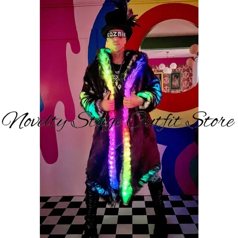 

Led Tron dance wear luminous faux fur coat winter jacket for men Party rave outfit luminous coat warm clothes nightclub wear