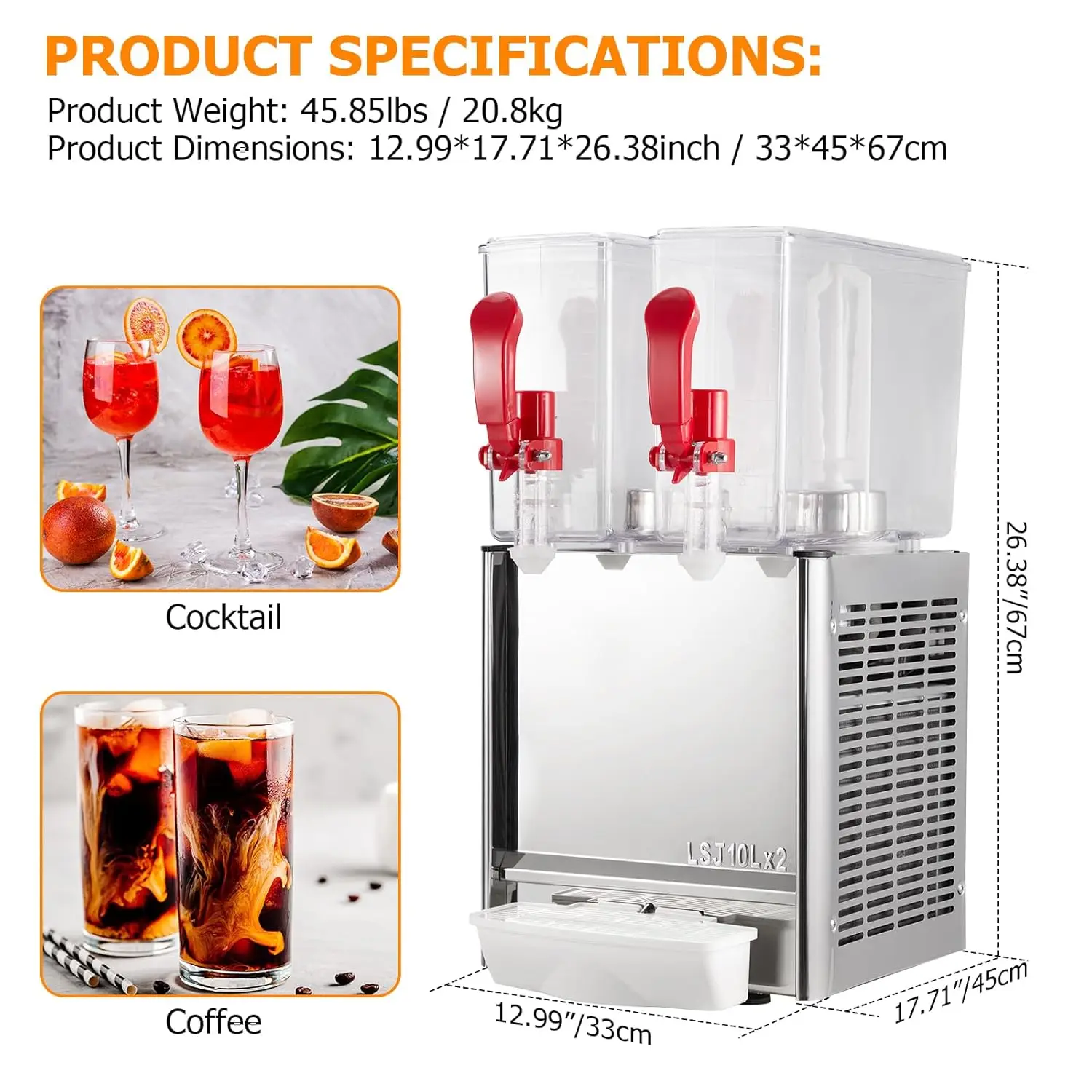 موزع المشروبات التجارية، Towallmark 2 خزانات 5.28 جالون 20 لتر موزع العصير التجاري، 10 لتر لكل خزان، 280 وات