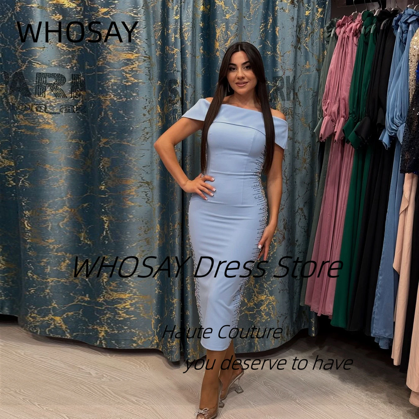 WHOSAY Tea Length Mermaid Bespoke Dress for Prom Party Bateau Neck Beading Luxury Evening Dresses Woman Elegant