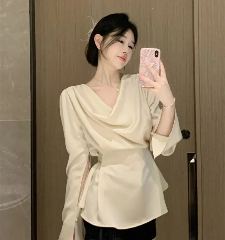 

French Vintage Graceful All-match Tops Famous Lady Aesthetic Loose Ins Apricot Long Sleeve Shirts Women Pile Collar Pure Color