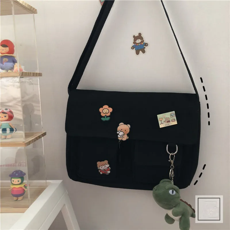 Japanische Harajuku niedlichen Retro Mädchen Umhängetasche schicke Abzeichen Leinwand Cross body Schult aschen Student einfarbige Umhängetasche Schulranzen – Detail 7