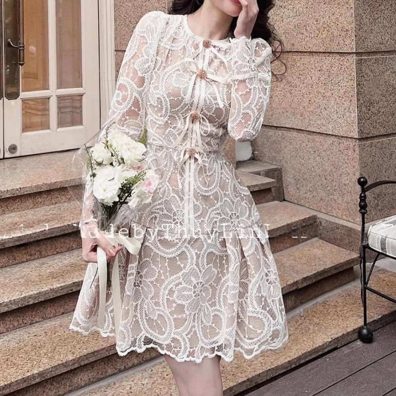 

Runway Design Beige Lace Dress Women Long Sleeve Hollow Out Elegant Dresses Female O-neck Vintage Vestido Ladies Clothing