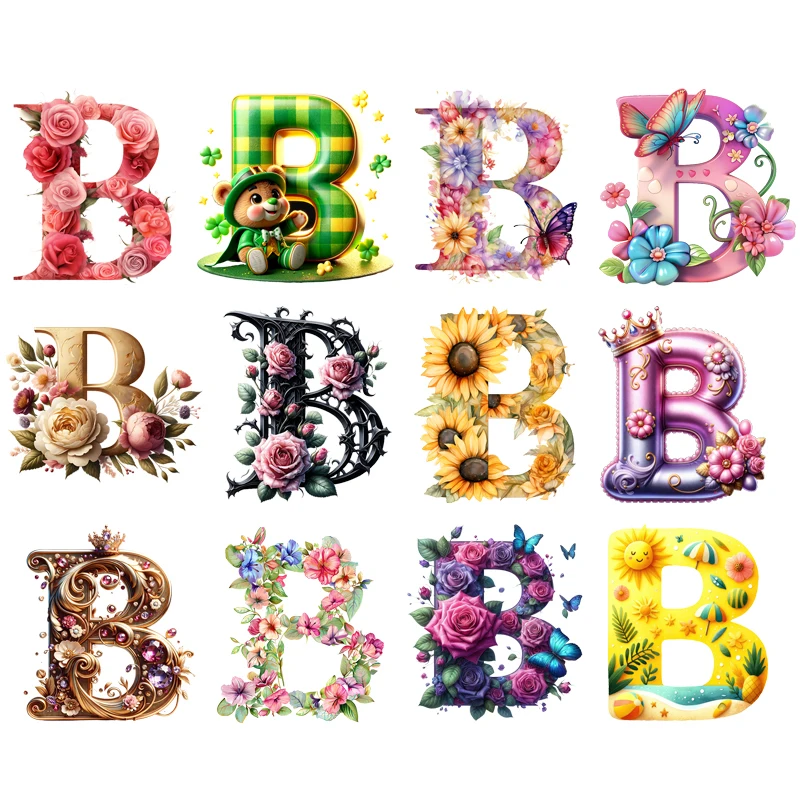 Iron on Stickers Cartoon flower Letters B Printed Heat Transfer Sticker Kids Diy T-shirt Sweatshirt Decoration Gifts New