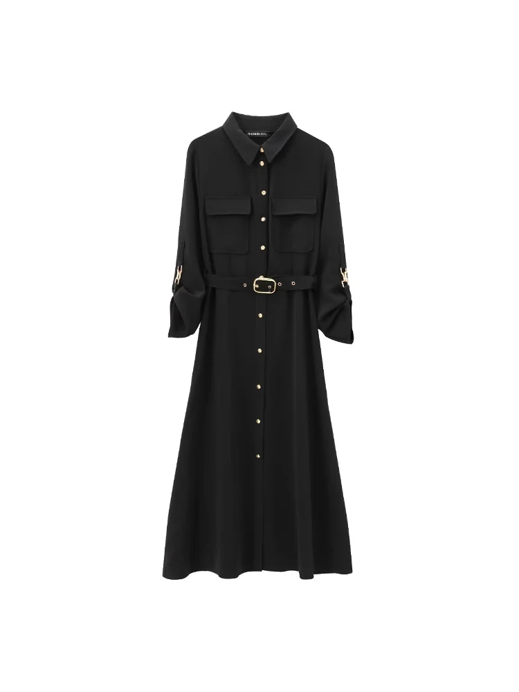 New arrivals for autumn and winter, fashionable and versatile women's clothing, long-sleeved midi dress with belt and lapel