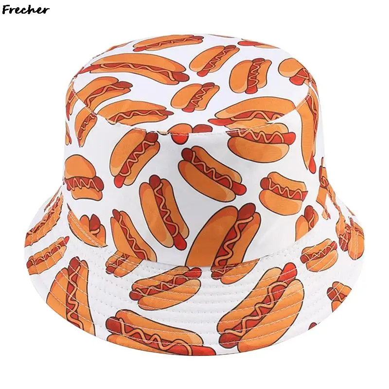 Hot Dog Bucket Hats Summer Sunscreen Panama Breathable Cotton Funny Sun Hats for Women Men Outdoor Hip Hop Cap Hamburger Caps