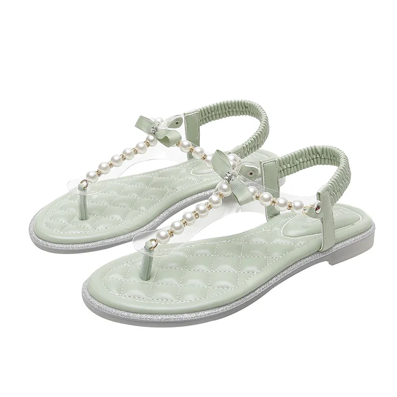 Fairy String Bead Clip Toe Gladiator Sandals Women Flip Flops Summer Shoes Flat Crystal Pearl Bow-knot Sandalias Plus Size 35-43