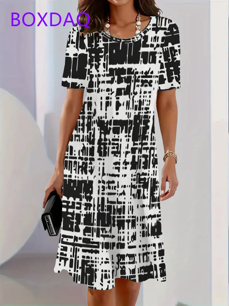 Vintage Black White Checkered Pattern Print Womens Dress 2025 New Summer Casual A-Line Dress Women Short Sleeve Loose Mini Dress