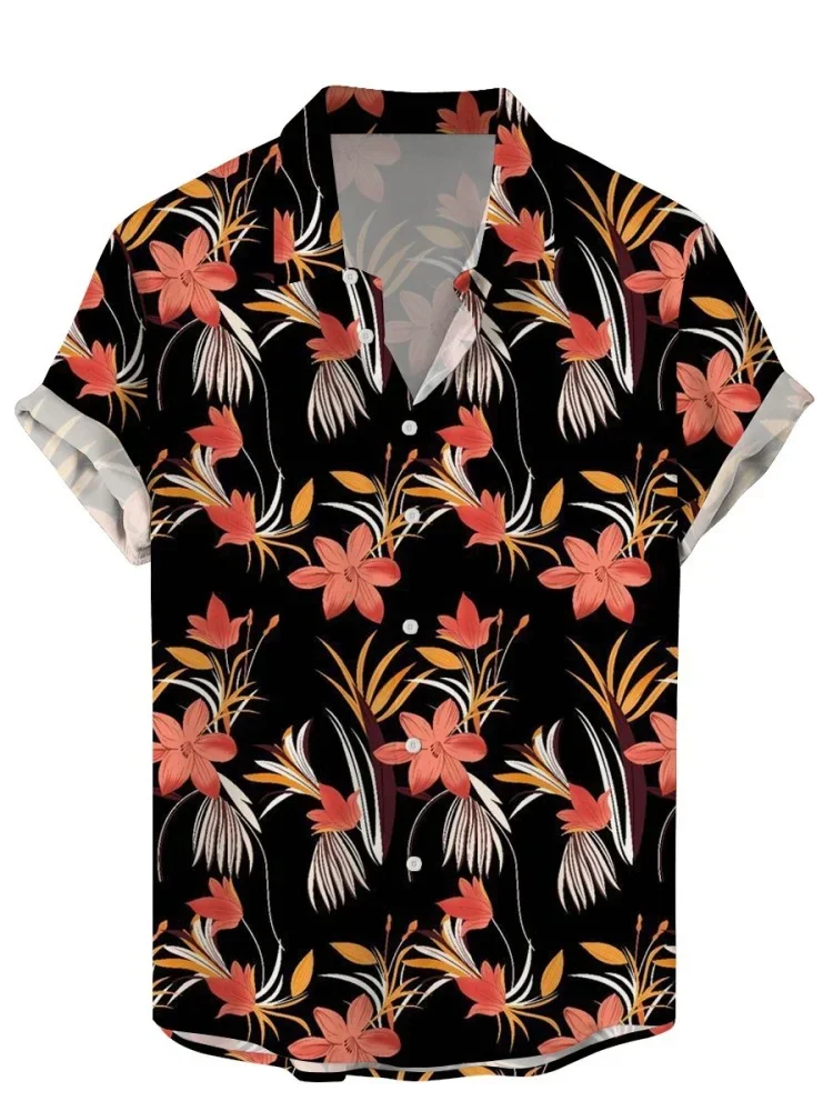 

Coconut Tree Fresh Flower Pattern Men's Short-sleeved Button Lapel Shirt Summer Seaside Beach Vacation Hawaiian Style Shirt