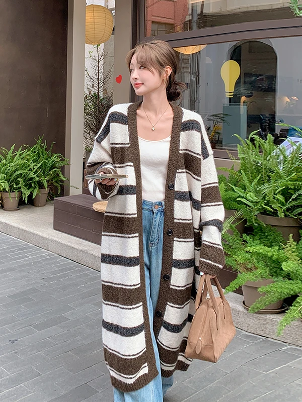 

Полосатый вязаный кардиган-свитер женский средней длины, весенне-осенний, повседневный, свободного кроя, на пуговицах