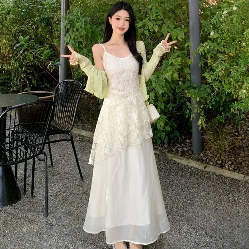 French Elegant Camis Dress for Women Fashion Lace Patchwork Irregular Midi Dress Summer New Beach Vacation Embroidered Vestidos