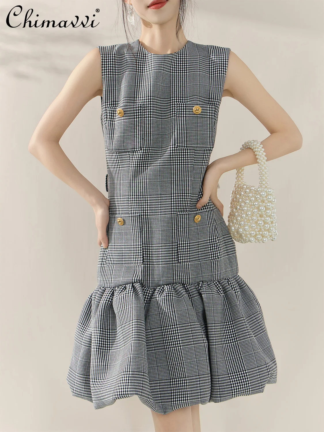 

French Elegant Temperament Socialite Plaid Dresses Round Neck Sleeveless High Waist Slim Fit A-line Bud Short Dress Women Summer