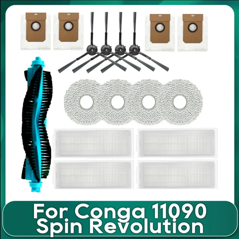 Cecotec Conga 11090 스핀 레볼루션 로봇 진공 청소기용 교체 부품, 메인 사이드 브러시 필터 걸레 먼지 봉투