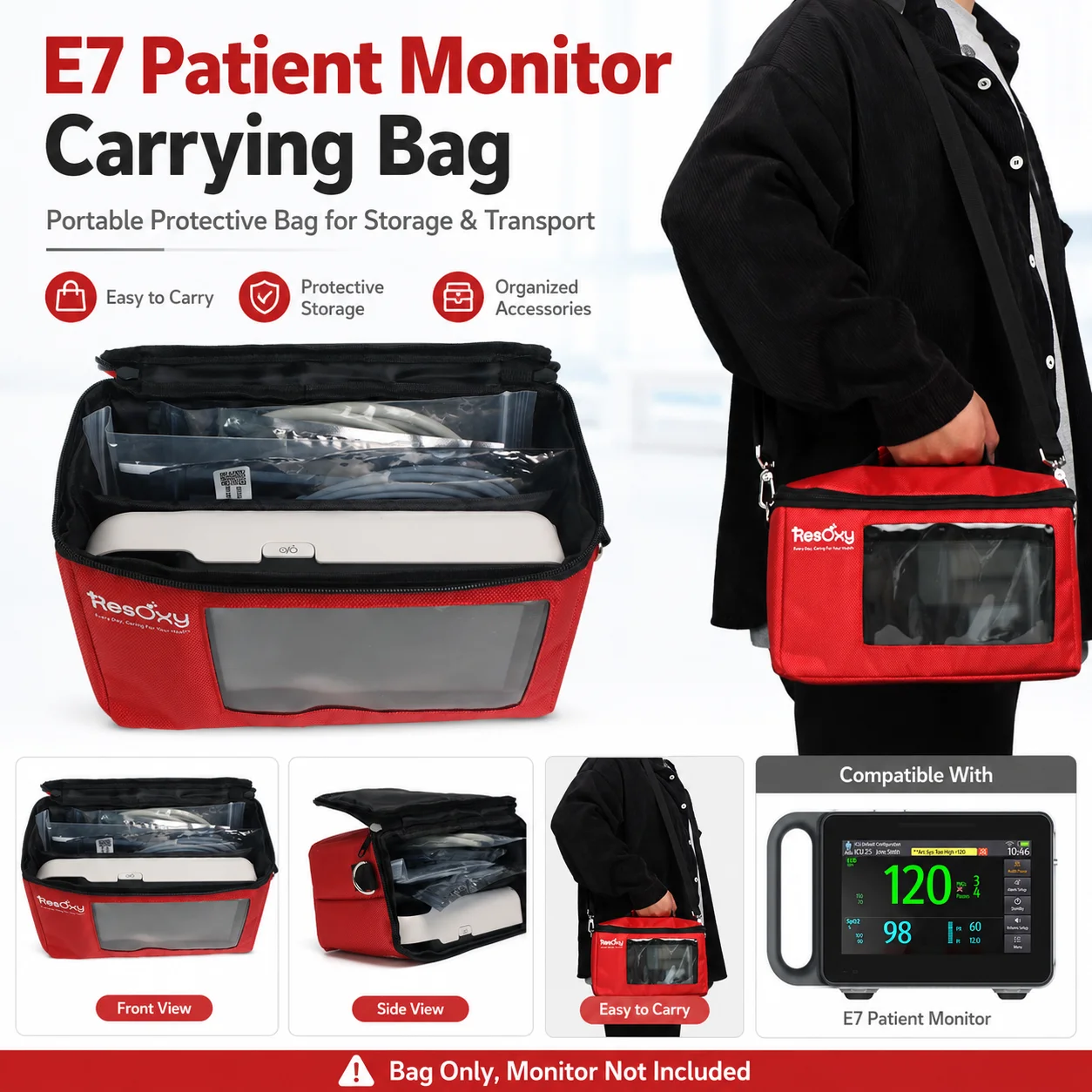 Hard Shell Travel Case Designed for E7 Patient Monitor Heavy Duty Medical Equipment Carrier Bag with Handle and Shoulder Strap