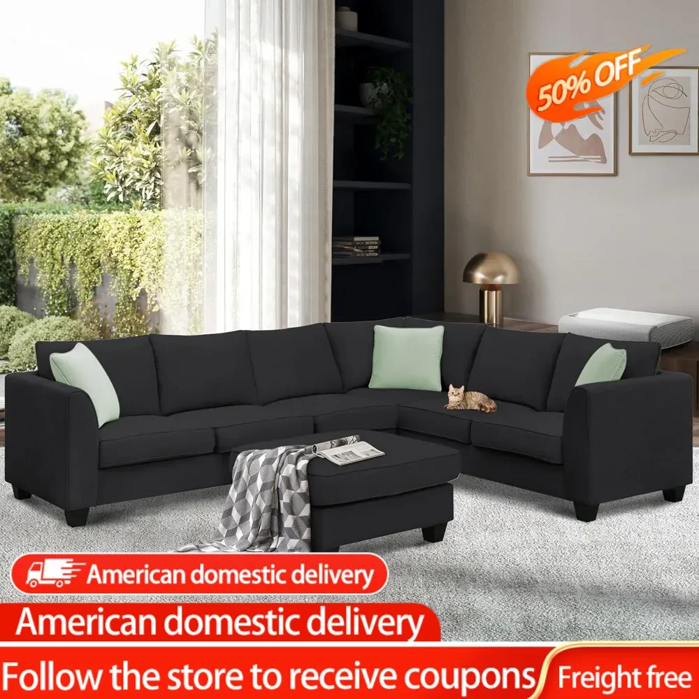 

Modern 7 Seats Modular Sectional Sofa with Ottoman, L Shape Polyester Sofa Corner Couch Set with 3 Pillows for Living Room