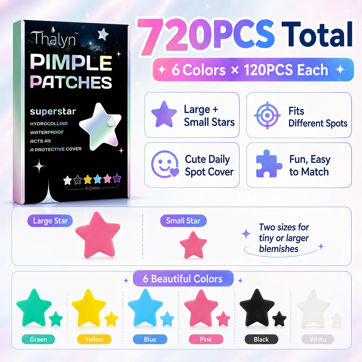 720PCS Star Blemish Patches Hydrocolloid Spot Cover Stickers Colorful Face Patches Invisible Skin Care Patch for Makeup DayNight view 5