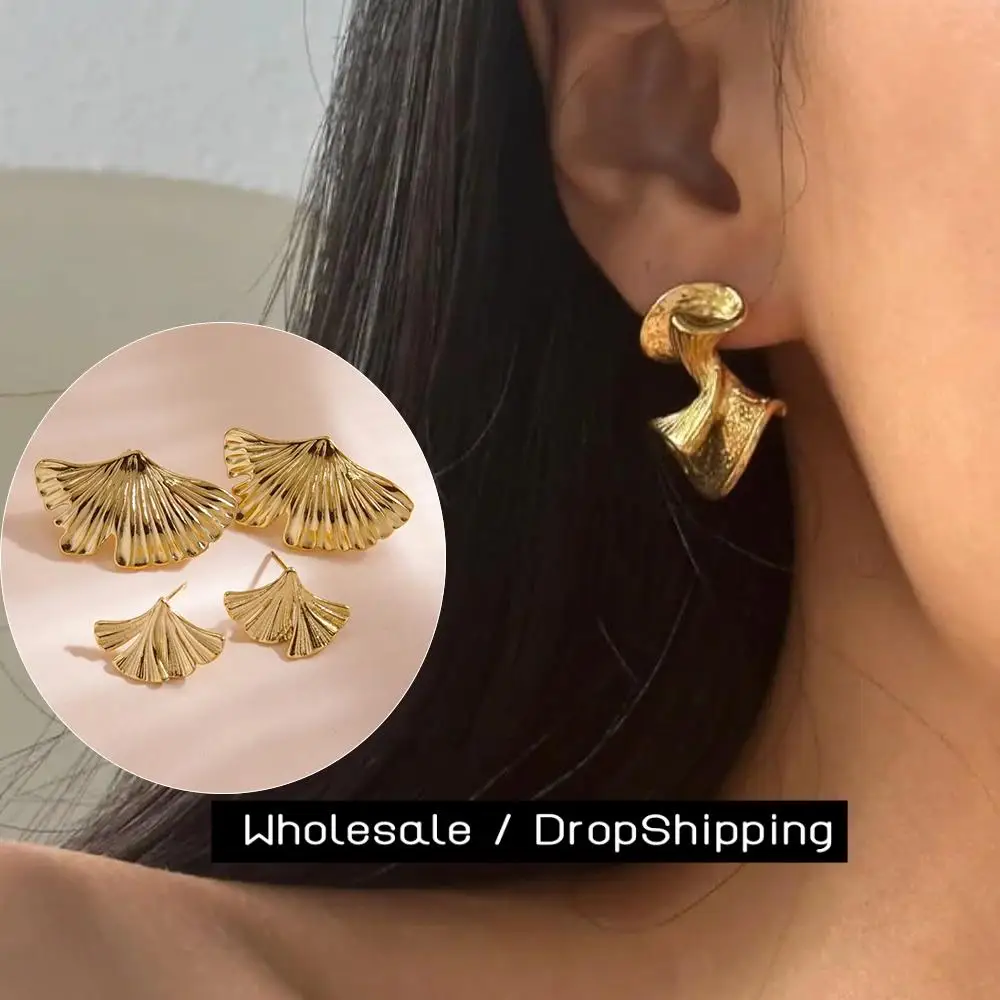 CARLIDANA Stainless Steel Ginkgo Leaf Earrings Irregular Gold Plated Earrings Fashion Personality Titanium Steel Earrings Women