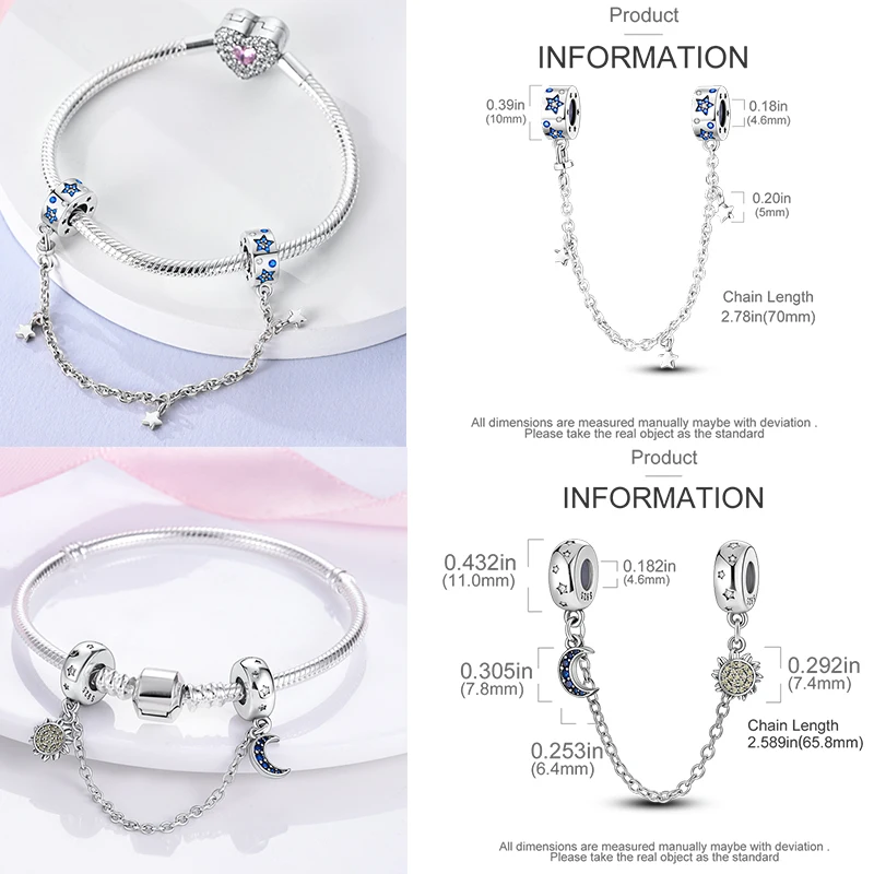 925 Sterling Silber Sicherheitskette Charm-Perlen Himmelskörper Mond Sonne Herz Marienkäfer Schleife DIY Armband Schmuck Geschenk für Frauen Mädchen – Detail 5
