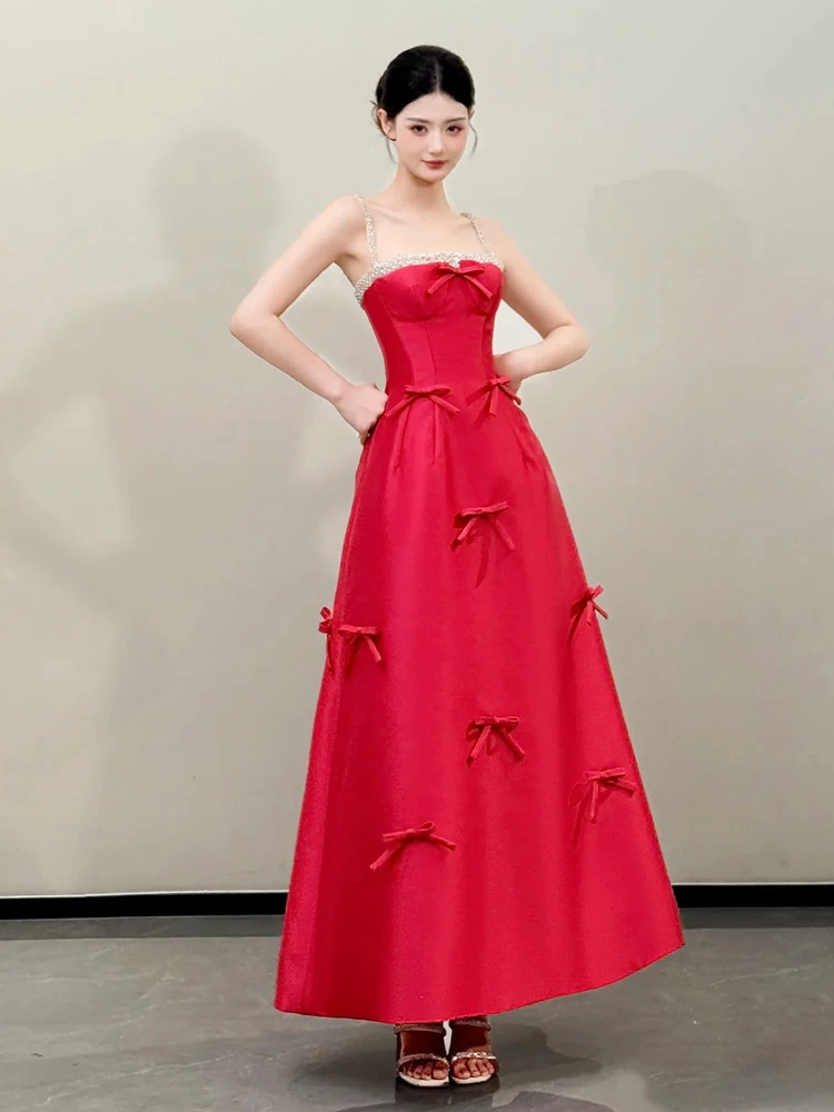 로즈 레드 스위트하트 파티 생일 드레스 소녀 여성 스파게티 스트랩 다이아몬드 리본 이브닝 가운 맞춤형 심플 웨딩 드레스