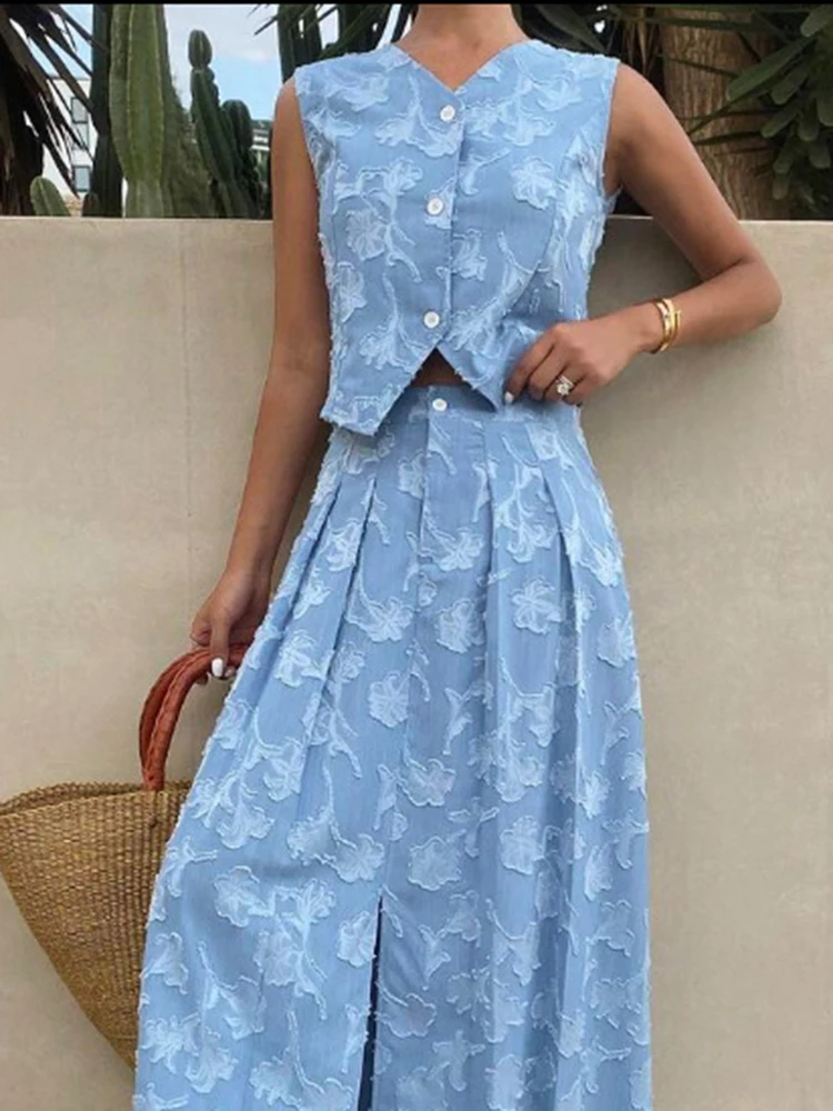 Elegant Lady Solid Color Jacquard Outfits Summer New Loose Beach Vacation 2 Piece Stylish V-neck Sleeveless Vest&Half Skirts Set