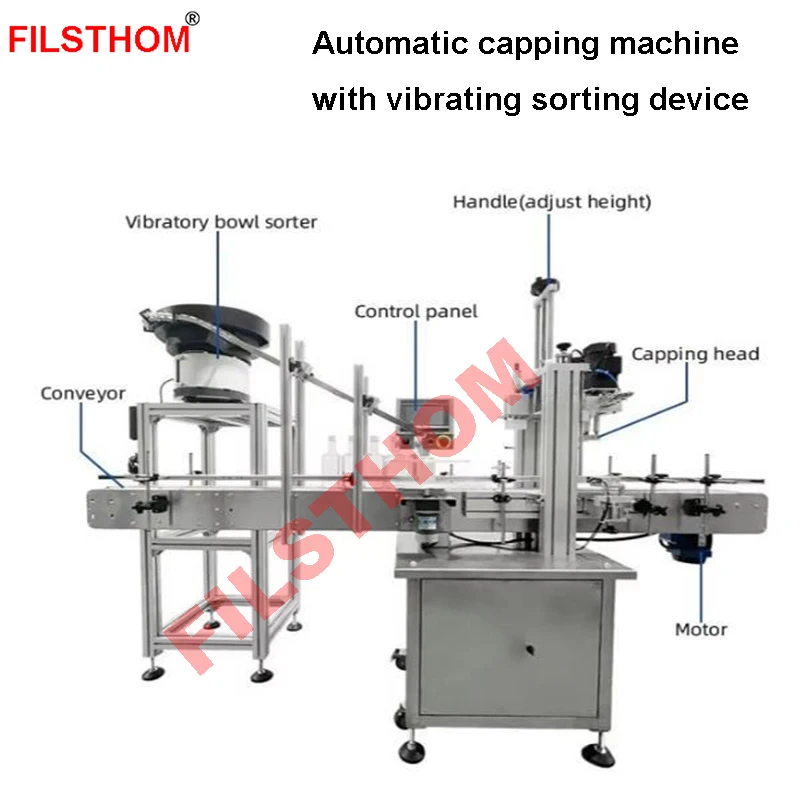 Automatic Clamping Capping Machine With Caps Sorting Feeder For Cans Bottles Jars Screw Lids
