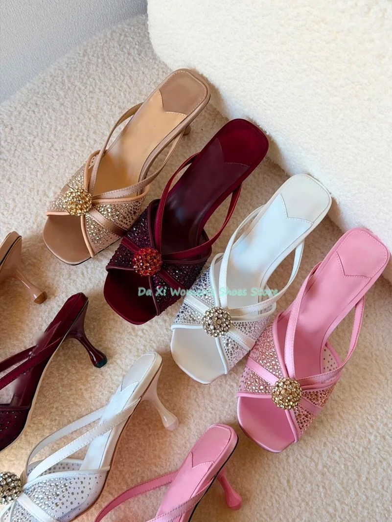 Square-Toe,Open-Toe Mesh Material Embellished With Rhinestones Luxury High Heels Rhinestone Buckle Teardrop Heel Evening Sandals