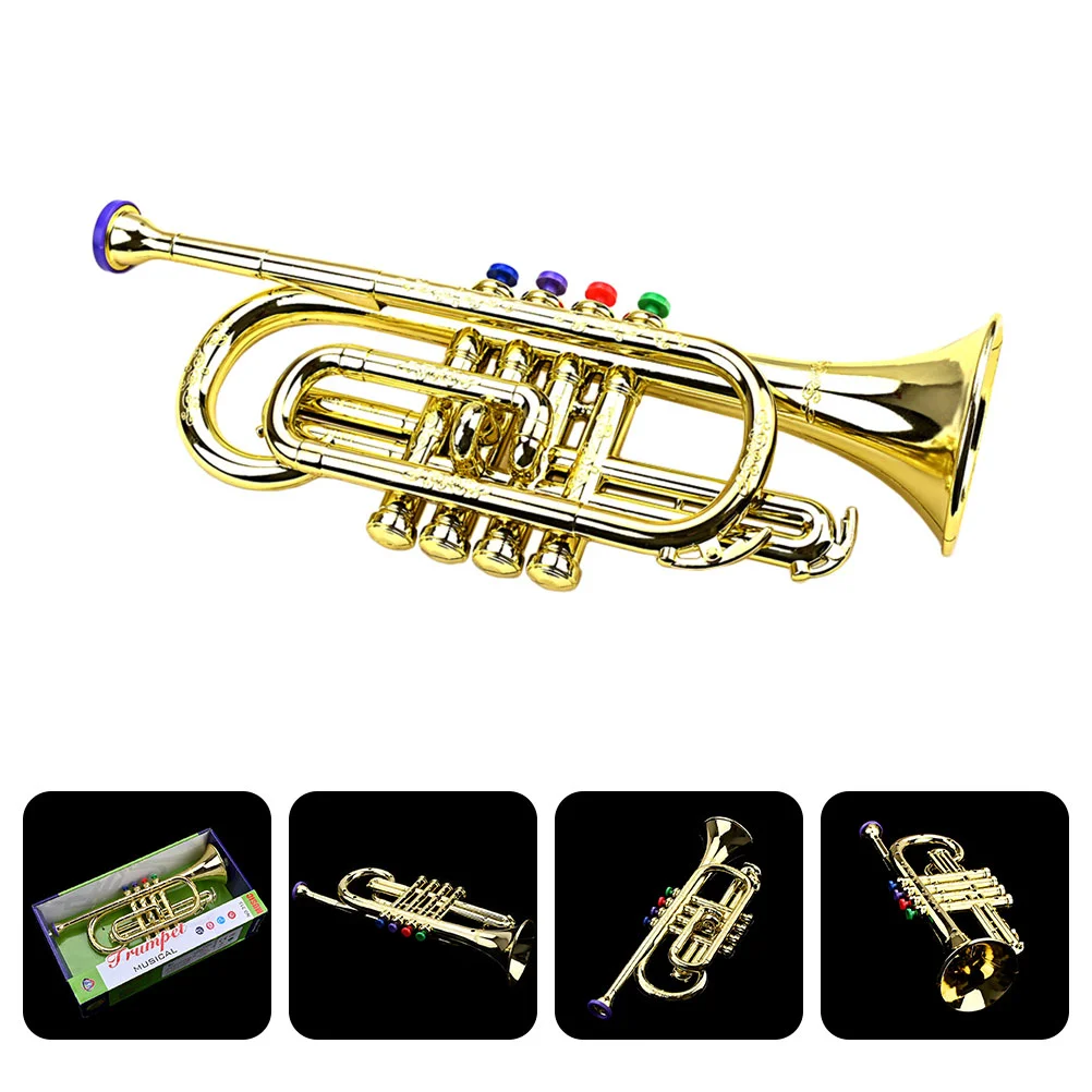 Band Instruments ของเล่นจําลองลําโพงของเล่นเด็กดนตรีของเล่นเด็กปริศนาจําลองทรัมเป็ตพลาสติกสีทอง