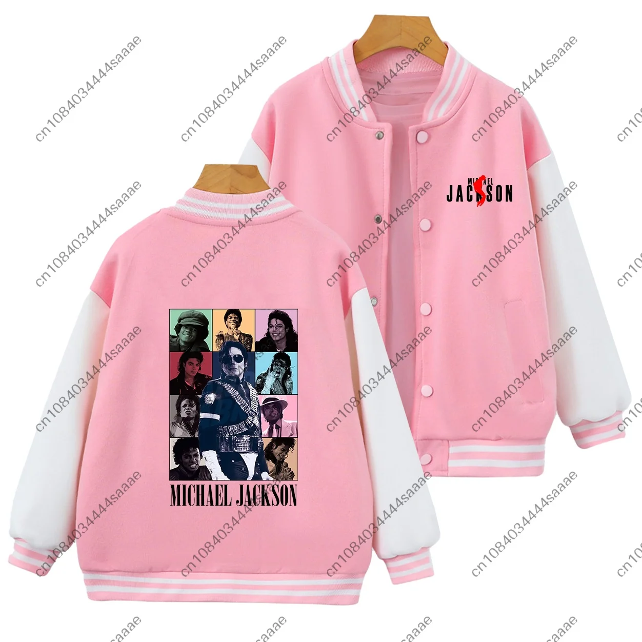 Kids Michael Jackson Print Baseball Jacket Pink White Contrast Sleeve Girls Boys Long Sleeve Coat Children Casual Outerwear - view 3