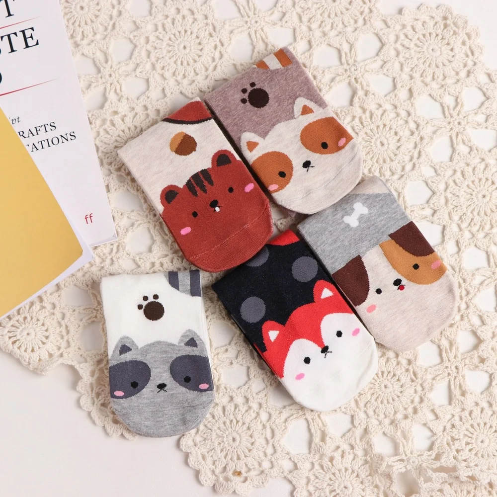 5 Pairs New Cartoon Animal Straight Women Socks Adult Animal Cute Harajuku Cat Fox Tail Cotton Casual Socks Dropshipping