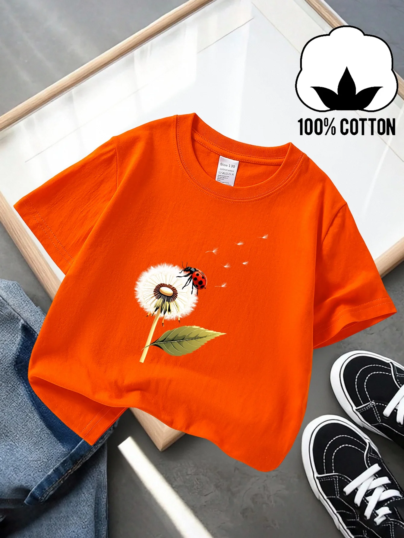 Children's Cute Ladybug Dandelion Natural Flower Art Print Summer Street Round Neck T-shirt Casual Fashion Parent Child Wear