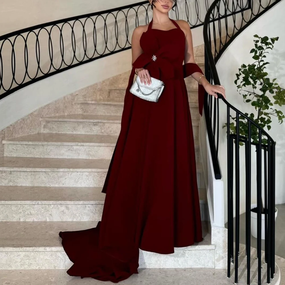 

Customized Exquisite Jersey A-Line Crystal Flowers and Ribbons Evening Dress Halter Sleeveless Panel Train Burgundy Classic