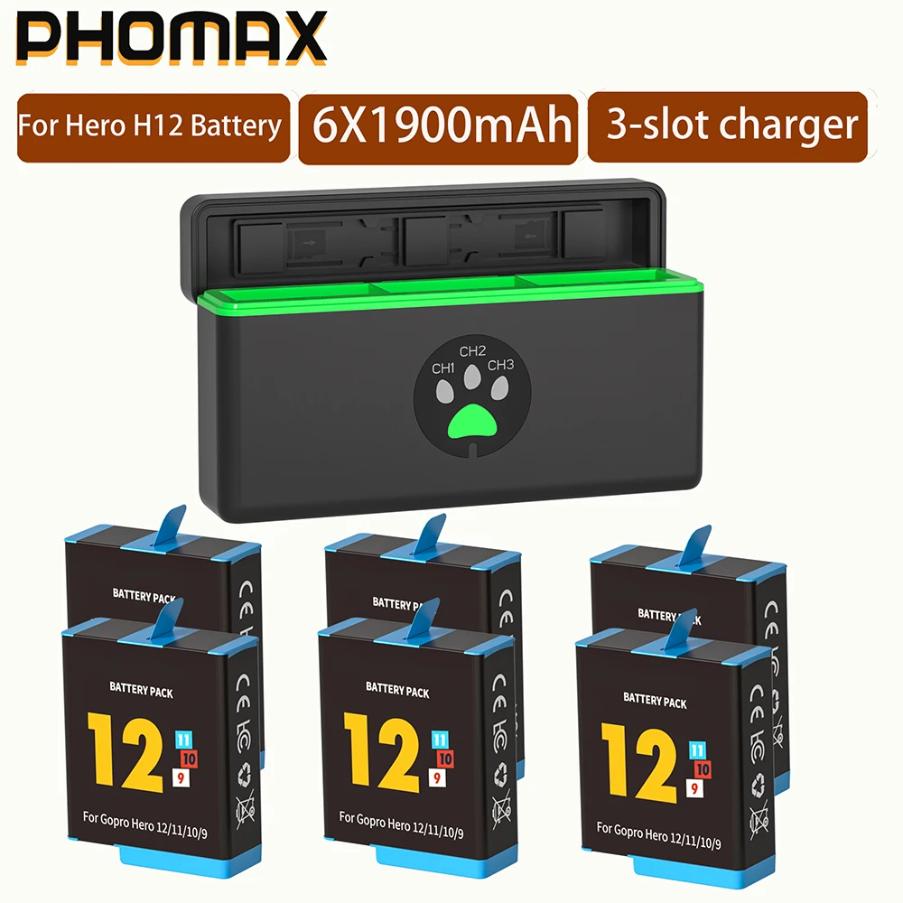 PHOMAX 1900mAh Battery for GoPro hero 12 3-Slots Charger with Type-C Port For GoPro Hero 12 Go Pro 10 hero 11 9 Sport Cameras