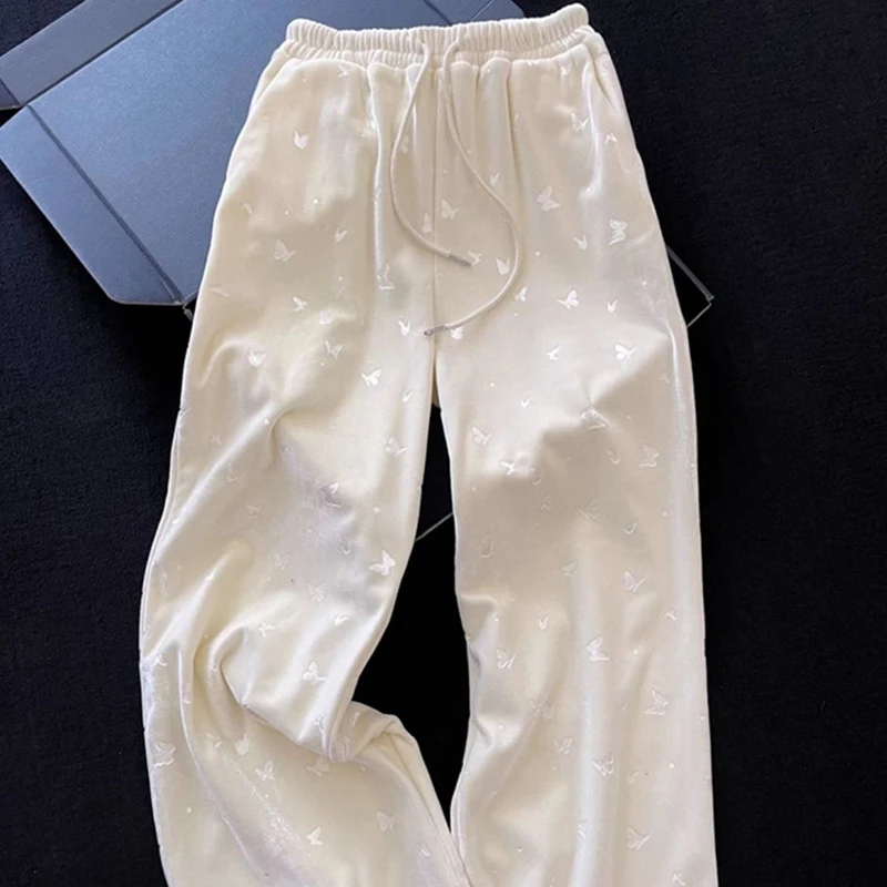 Lazy Wind Wide Leg Pants Women Casual Butterfly Embossed Loose Straight Trouser Fall Winter Velvet Elastic Waist Trouser New
