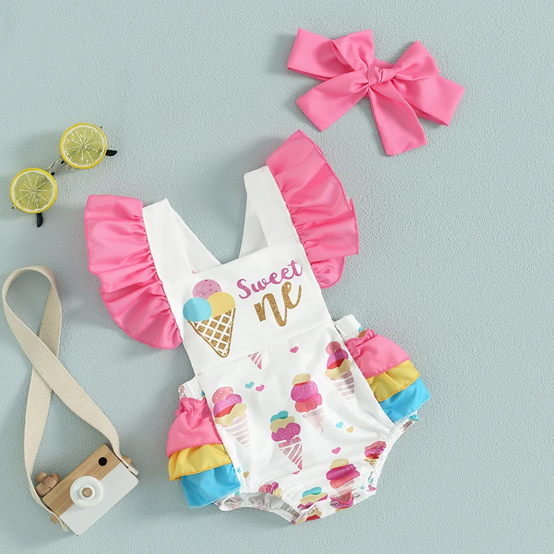 Infant Baby Girls Romper Flying Sleeve Square Neck Ice Cream Print Bodysuit with Bow Headband Set