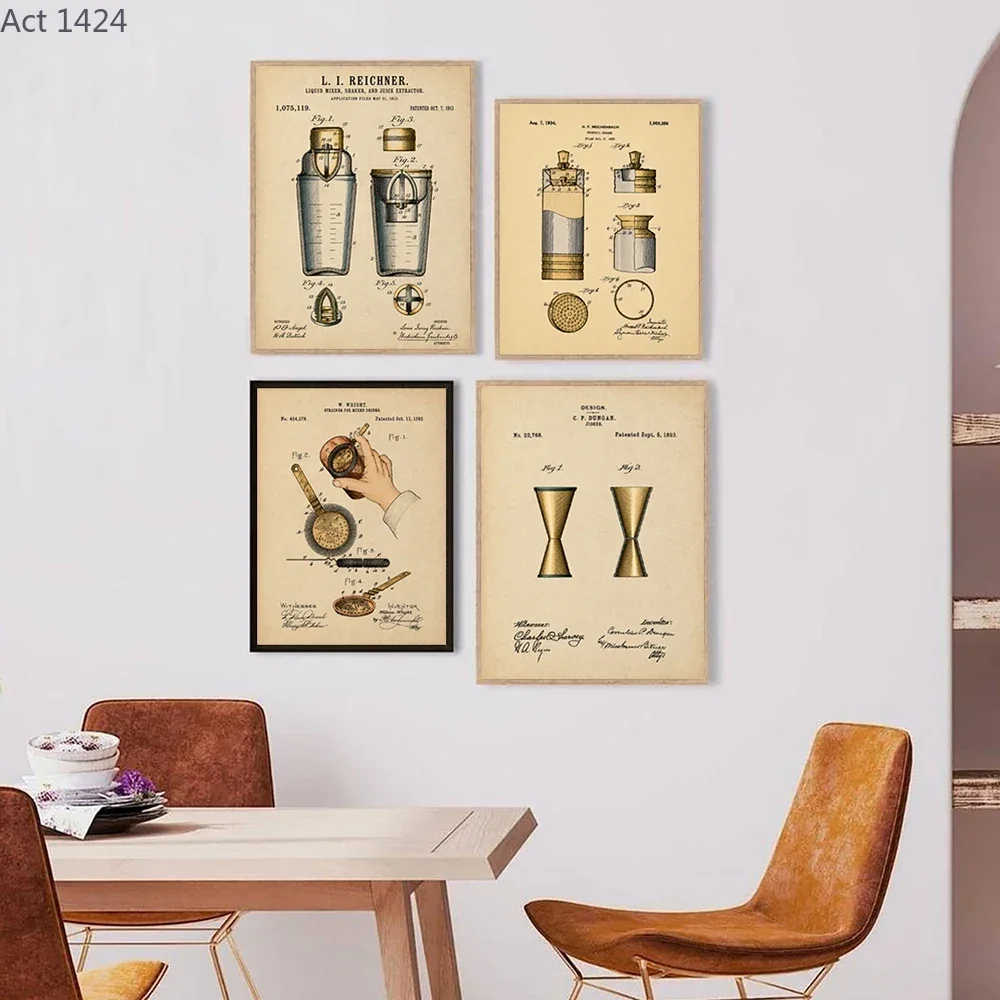 Cocktail Tools Retro Patent Art Prints Industrial Style Posters Vintage Cocktail Shaker Canvas Painting Kitchen Wall Decor