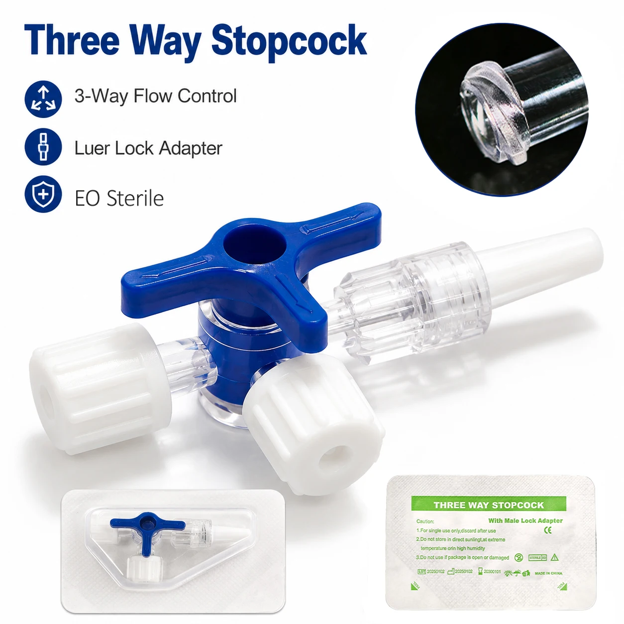 10Pcs/20Pcs, EO Sterile Medical Three‑Way Stopcock with Male Lock Adapter Plastic 3 Way Tube Connector Stopcock With Luer Lock