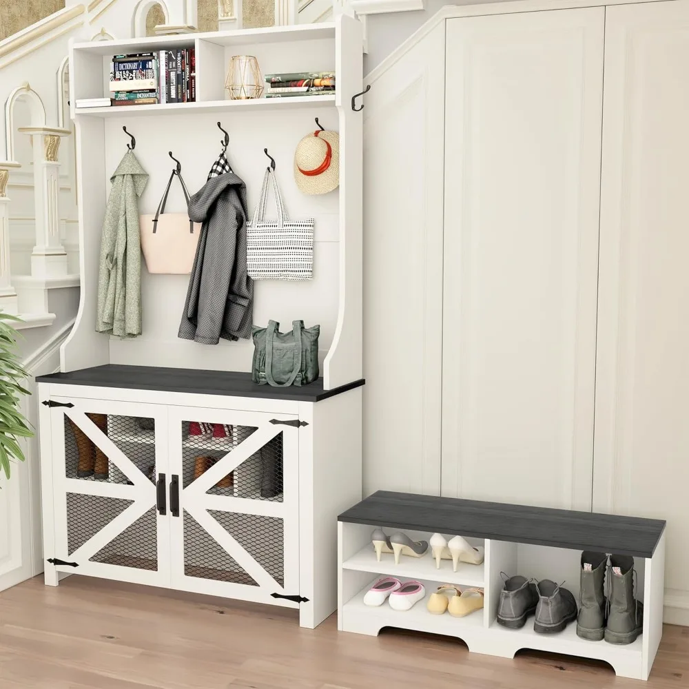 Entryway Coat Rack Freestanding with 9 Shoe Cubbies and 7 Coat Hooks, Farmhouse Wooden Style Mudroom Bench Storage Cabinet