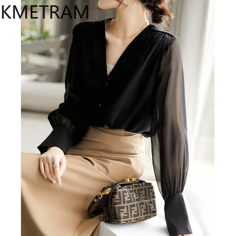 

KMETRAM 100% Real Mulberry Silk Shirt for Woman Elegant V-Neck Blouse Light Yellow Casual Spring Tops Women Clothing 2026 блузка