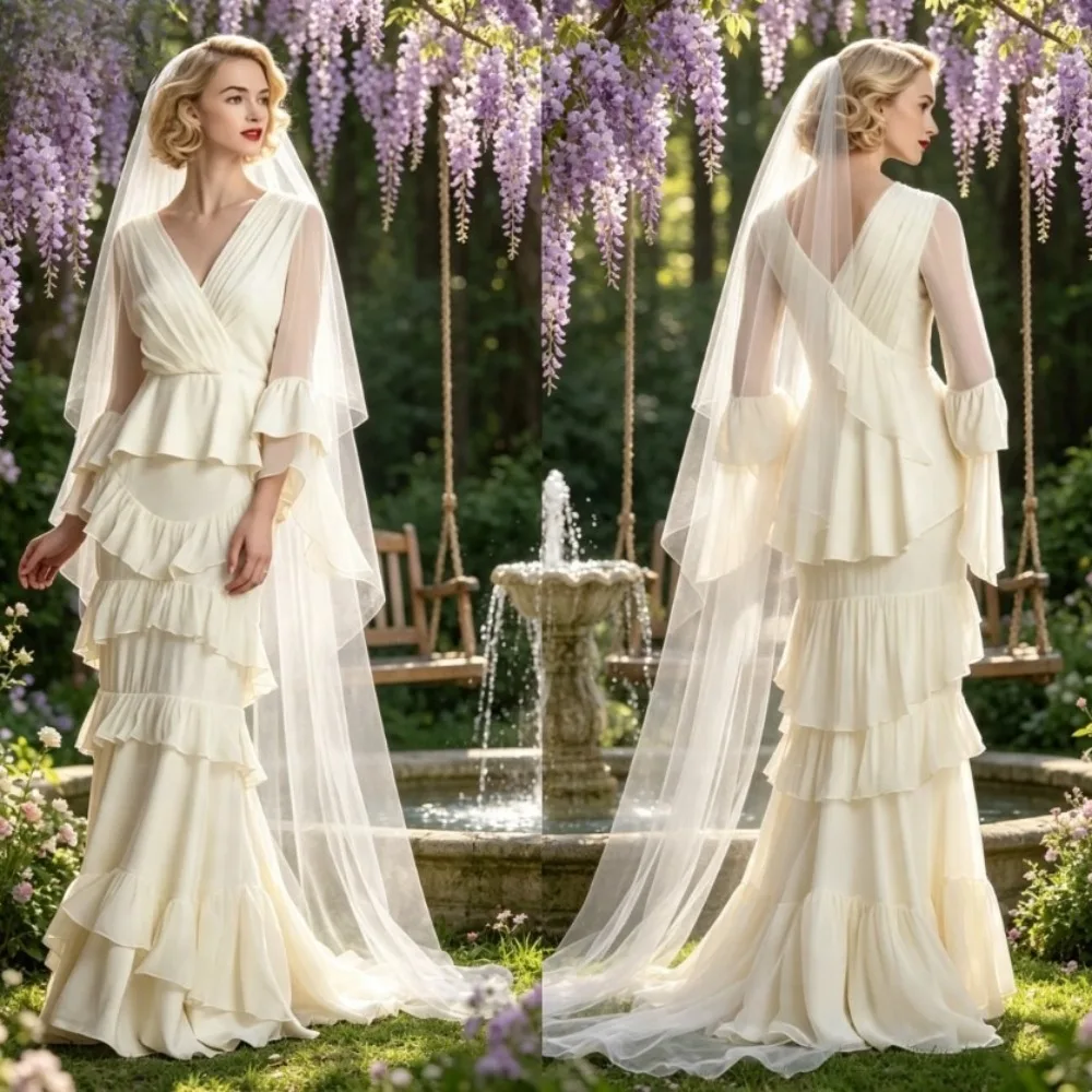 Customized Graceful High Quality Simple White Chiffon Wedding Dresses  V-Neck  A-line with Tassel for Floor-length Bridal Gown