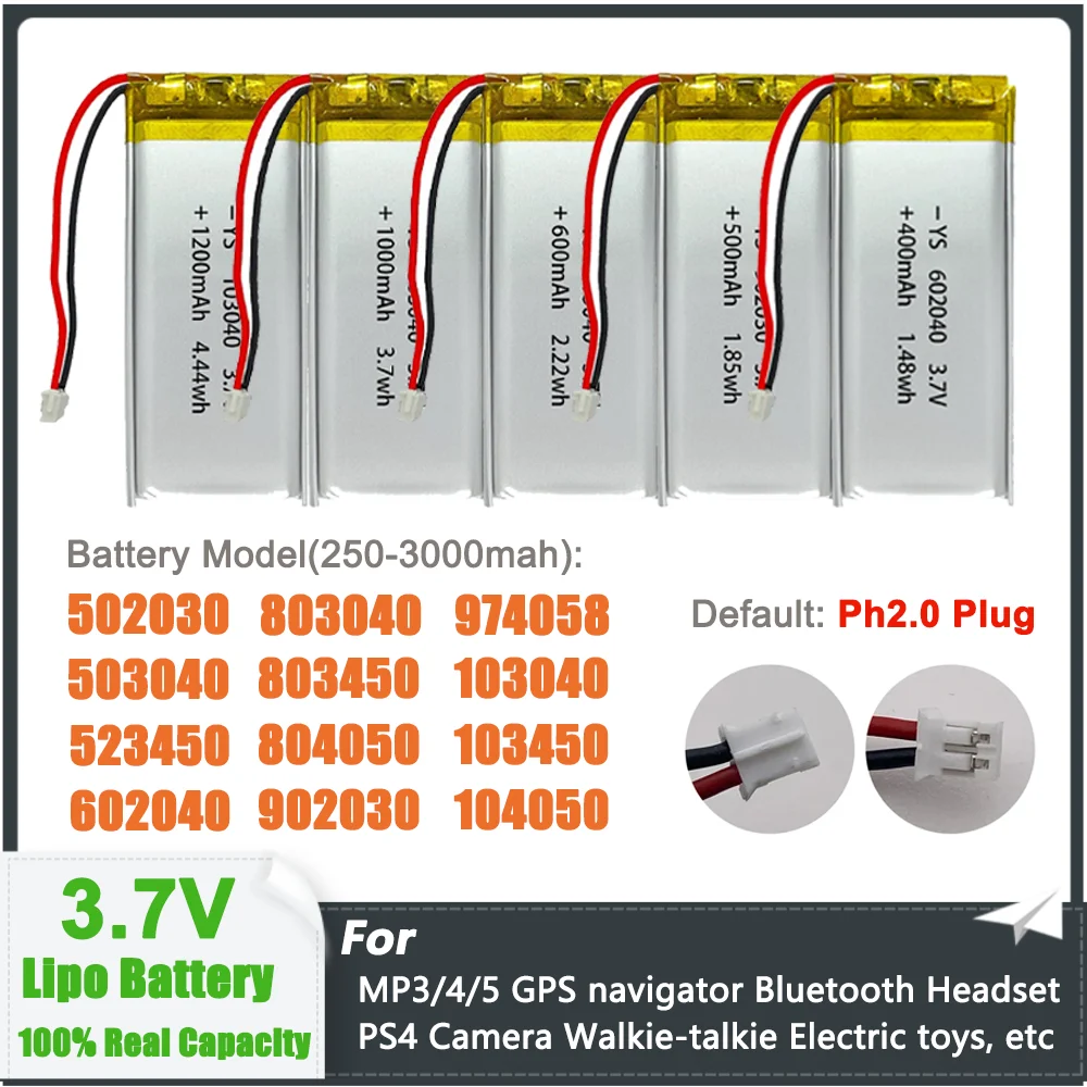 3.7V Lipo Lithium Battery 250mAh-3000mAh Battery for PS4 MP3 MP4 Humidifiers GPS Navigation Bluetooth Speaker with PH 2.0mm Plug