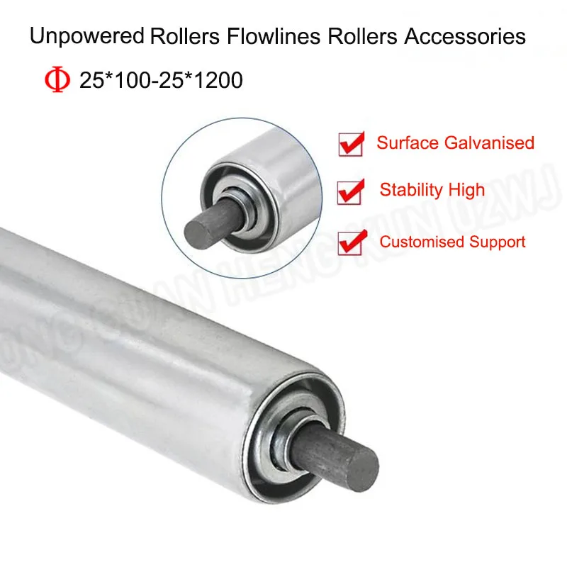 Rolos de linha transportadora galvanizados, diâmetro 38mm, comprimento total 100-1000mm, acessórios de rolo de linha transportadora de rolo não alimentados