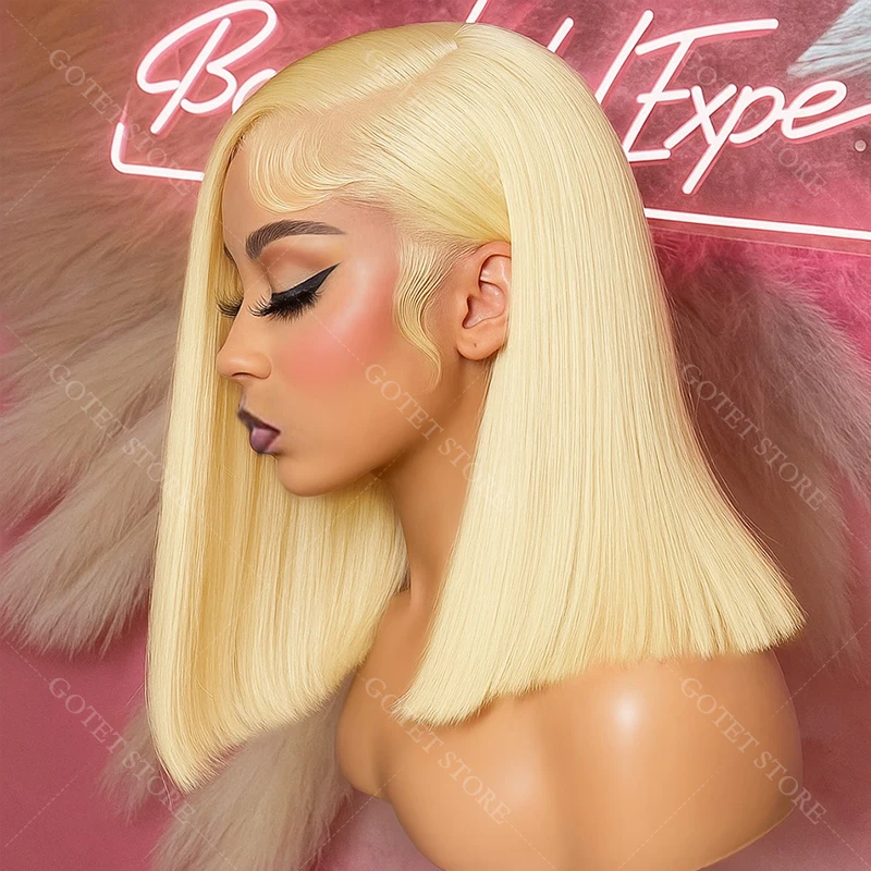 613ブロンドショートボブウィッグ人毛透明レース13x4レースフロントウィッグ人毛プレプラッキング済みレースフロントウィッグ（女性用）