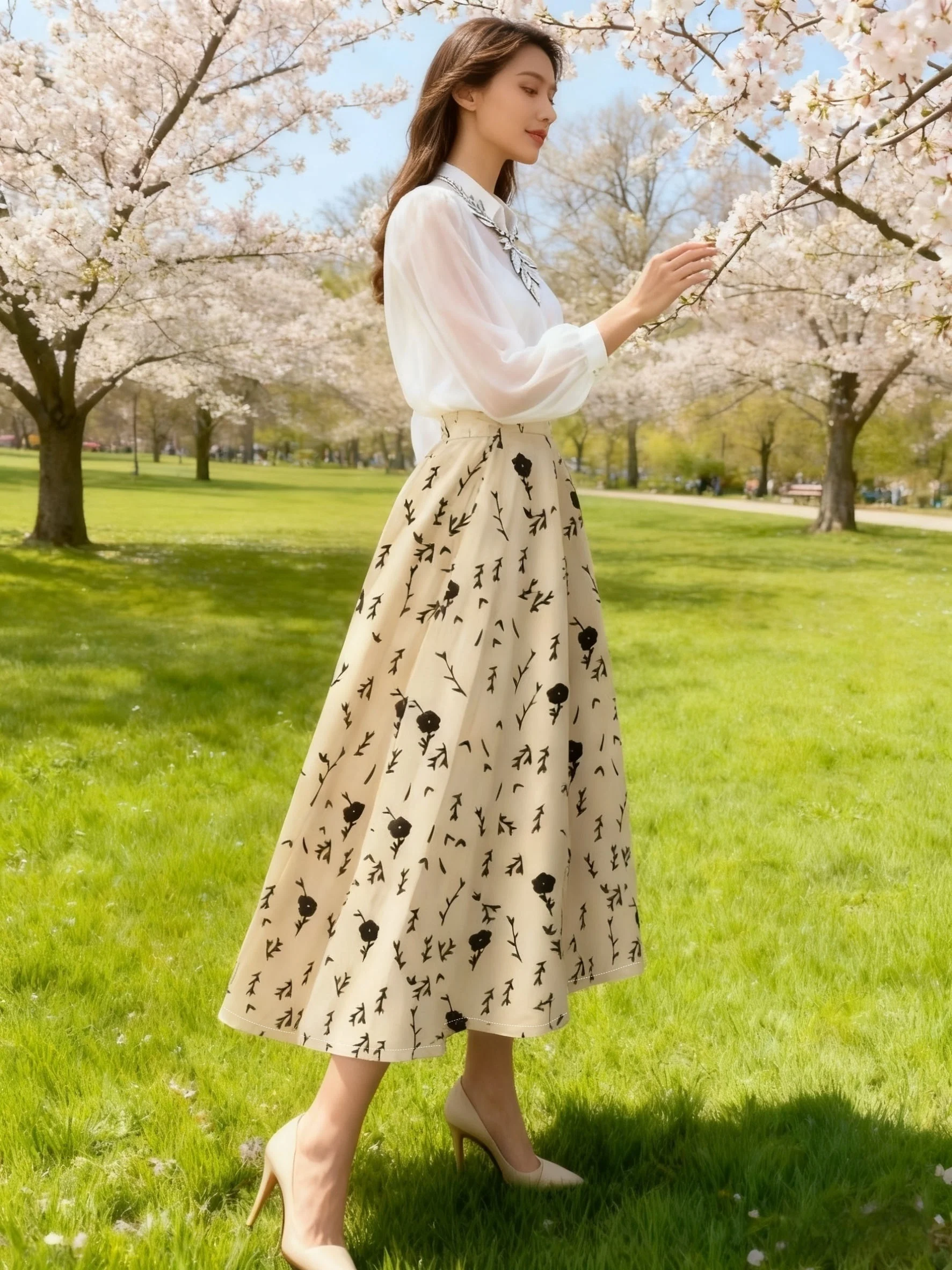 Women High Waist Midi Skirt Beige Black Floral Print A‑Line Swing Skirt Vintage CasualOffice HolidayFlowy Ladies Pleated Bottoms