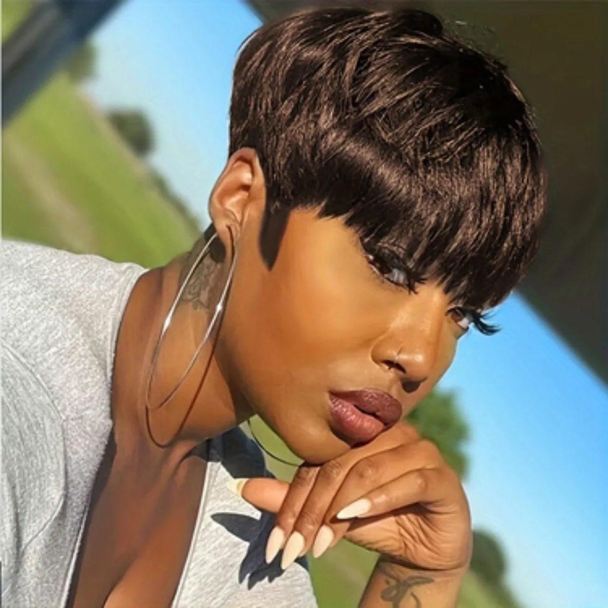 Short Layered Pixie Cut Human Hair Wigs With Bangs Pixie Cut Full Machine Made Wigs