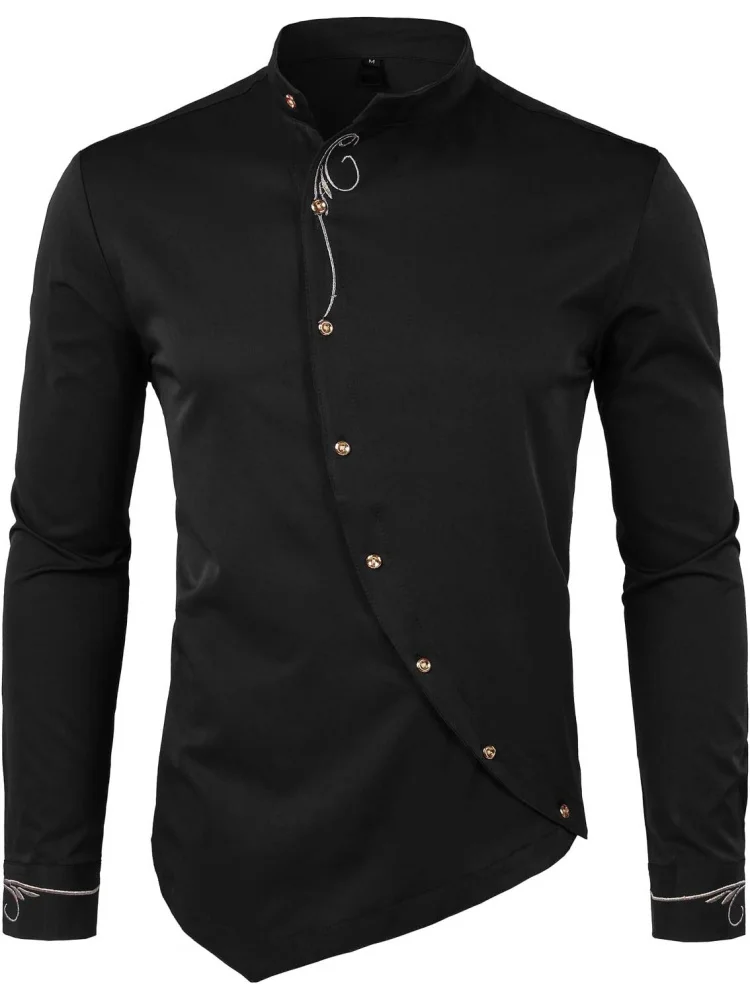 

Мужские роскошные классические рубашки на пуговицах с золотой вышивкой и длинными рукавами, для свадеб и вечеринок на Хэллоуин