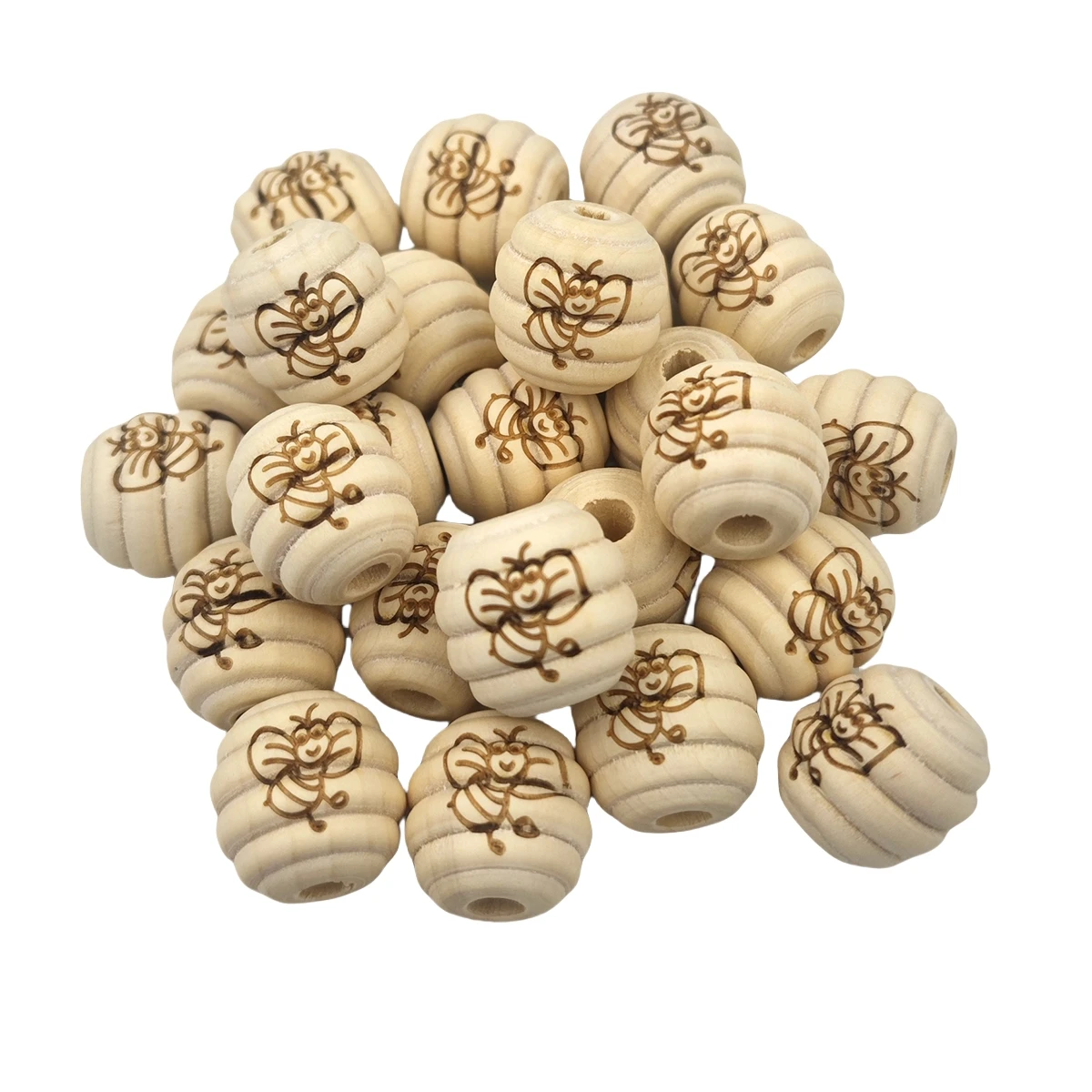 20mm Unfinished Wood Threaded Teether Beads with Bee Pattern Wooden Spacer Loose Honeycomb Round Beehive Beads DIY Jewelry Craft